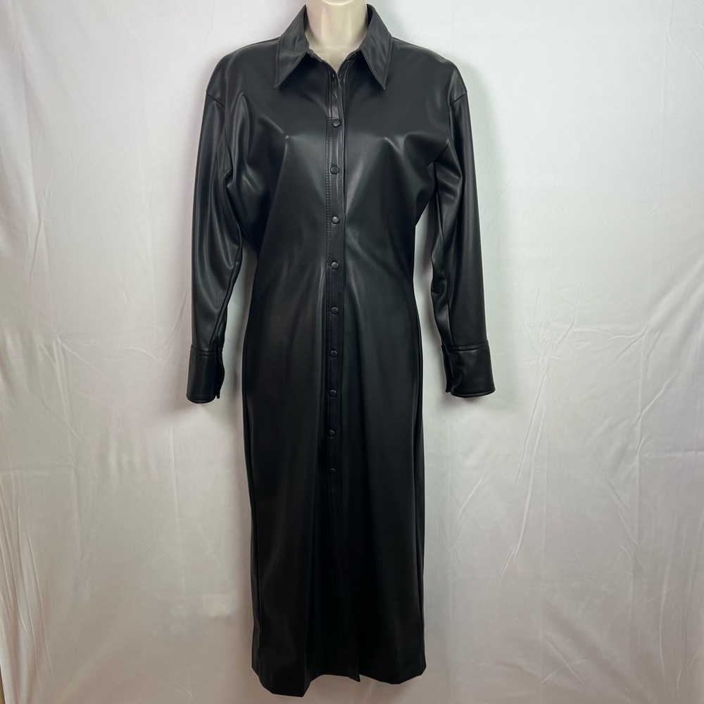 Zara Black Faux Leather Snap Front Midi Shirt Ruching Dress